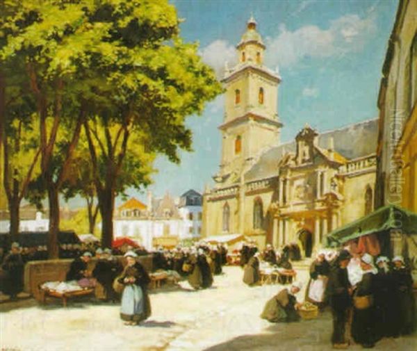 Le Marche Sur La Place De L'eglise A Auray Oil Painting by Henri Alphonse Barnoin