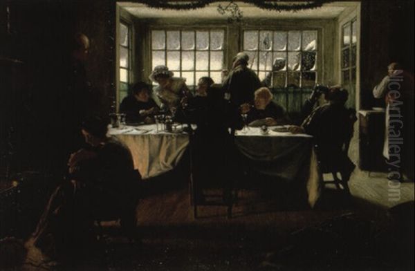 Christmas Lunch On The Road To Dingley Dell Oil Painting by Francis James Barraud