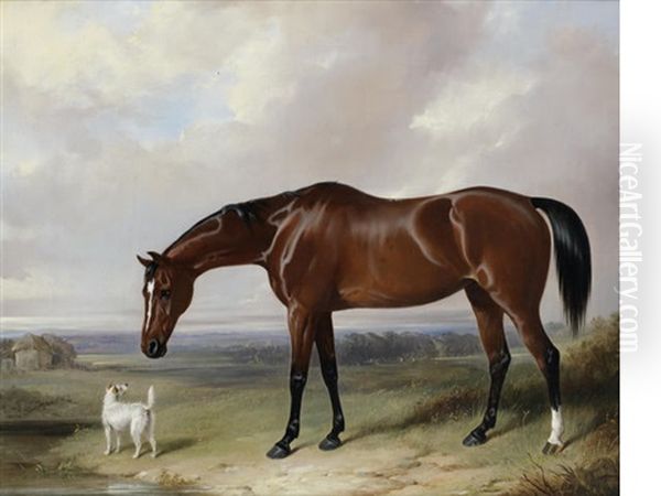 A Bay Hunter And A Terrier In A Landscape Oil Painting by William Barraud