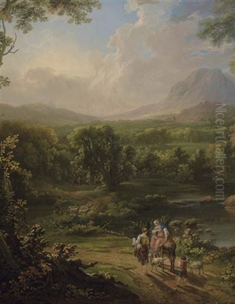 Mountainous Wooded River Landscape, With Figures And Goats On A Track In The Foreground, And A Mill Beyond Oil Painting by George Barret
