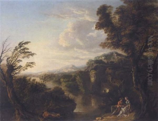 Lovers Reclining Under A Tree In An Extensive River Landscape Oil Painting by George Barret