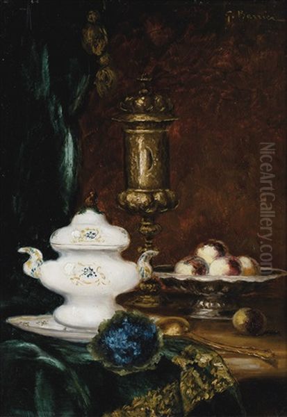 Nature Morte A La Soupiere Et A La Corbeille De Peche, Nature Morte Au Sucrier Et Au Citron (pair) Oil Painting by Gustave Barrier