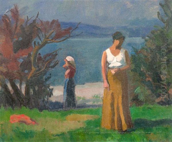 Zwei Frauen Am Ufer Der Reichenau Oil Painting by Paul Basilius Barth