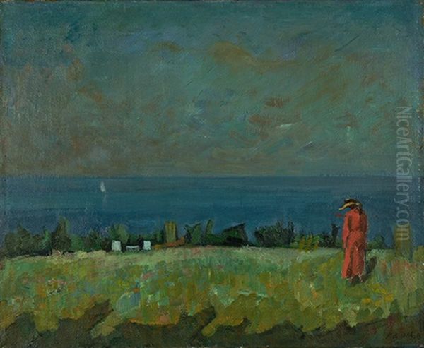 Uferlandschaft Mit Roter Figur Oil Painting by Paul Basilius Barth