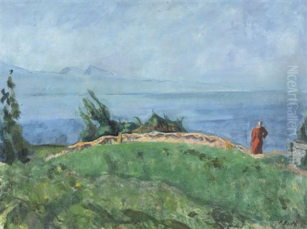 Sommerlandschaft Am Genfersee Mit Frau In Rotem Kleid Oil Painting by Paul Basilius Barth