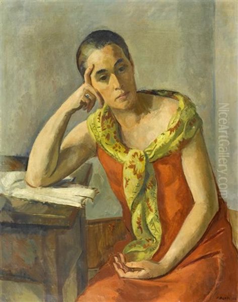 Frau In Rotem Kleid Oil Painting by Paul Basilius Barth