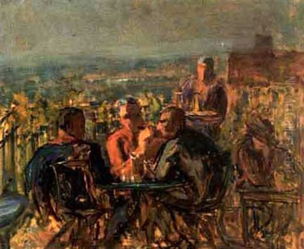 Drei Manner Im Gartenrestaurant (+ Sketch Of A Dog, Verso) Oil Painting by Paul Basilius Barth