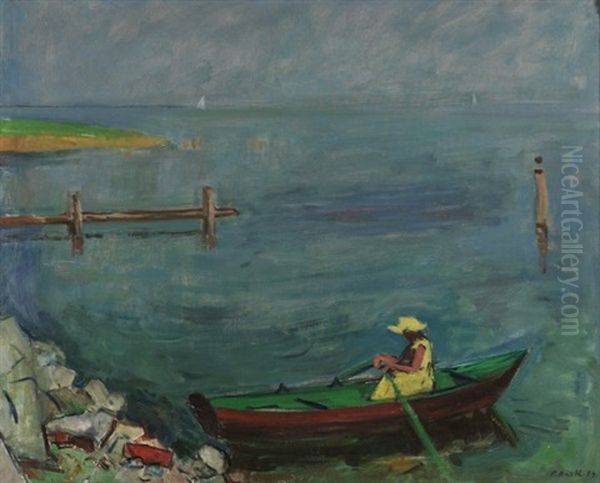 Im Boot. An Seeufer Sitzt In Einem Ruderboot Eine Gelb Gekleidete Frau Oil Painting by Paul Basilius Barth