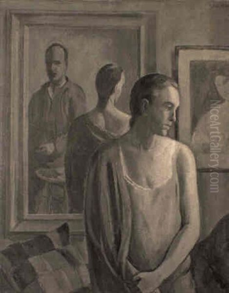 Devant La Glace (selbstbildnis Mit Modell) Oil Painting by Paul Basilius Barth