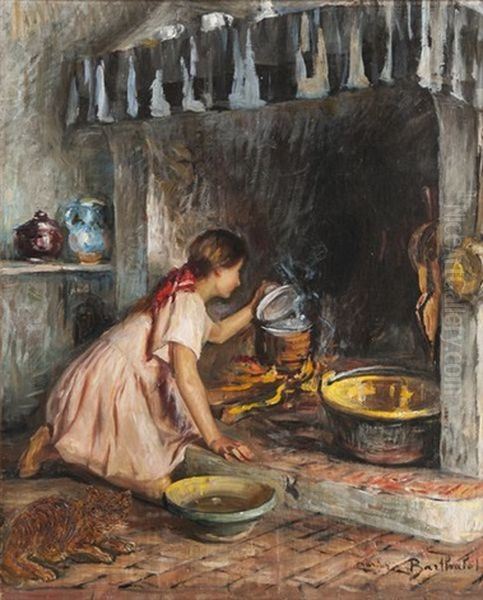 Jeune Fille A La Cheminee Oil Painting by Marius Barthalot