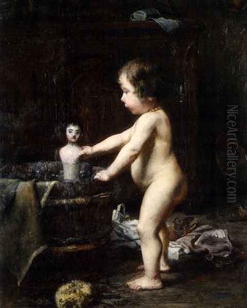 Petite Fille Lavant Sa Poupee Oil Painting by Marius Barthalot