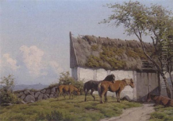 Heste Ved Et Bondehus Oil Painting by Carl Frederik Bartsch