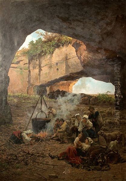 Shepherds Camping Amongst Ruins Oil Painting by Pietro Barucci