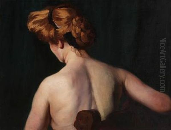 Back-turned Nude Female Model Oil Painting by Gyula Basch