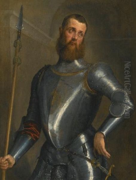 Portrait Of A Gentleman, Half Length, In Full Armor, Holding A Partesan, A Broad Sword At His Hip Oil Painting by Jacopo dal Ponte Bassano