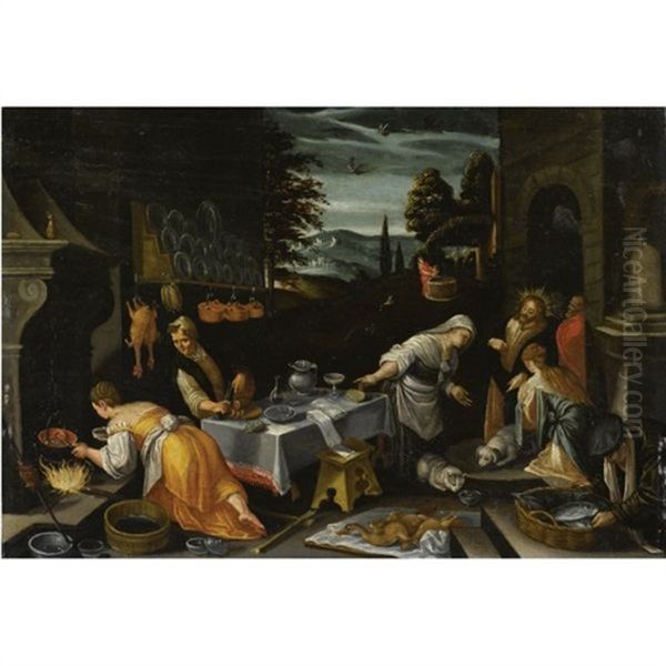 Cristo In Casa Di Marta, Maria E Lazzaro Oil Painting by Jacopo dal Ponte Bassano