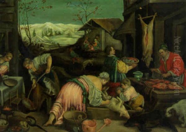Peasants Preparing A Meal In A Village, Snow Covered Mountains Beyond Oil Painting by Jacopo dal Ponte Bassano