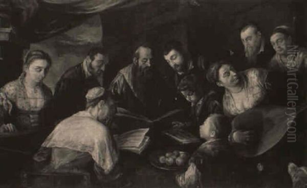 Interior Med M+nd Der L+ser For Kvinderne Oil Painting by Jacopo Bassano (Jacopo da Ponte)