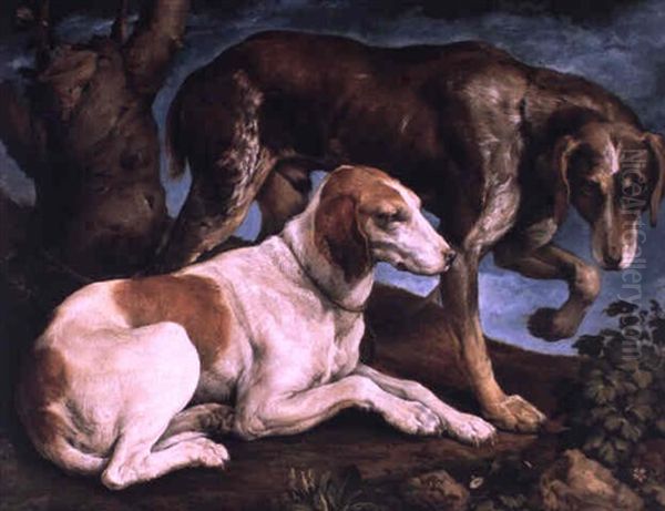 Deux Chiens Se Reposant Pres D'un Tronc D'arbre Oil Painting by Jacopo dal Ponte Bassano