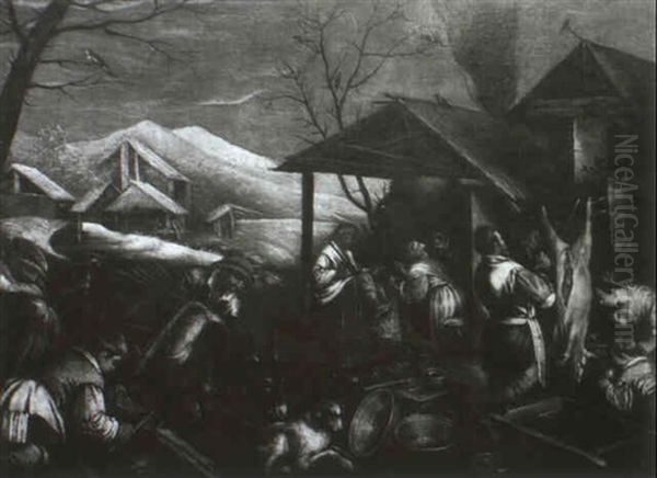 Winter- Vor Stallgebauden Reiche Bauerliche Staffage Oil Painting by Jacopo dal Ponte Bassano