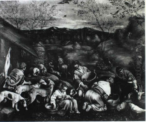 Peasants Tending Farm Animals In A Landscape Oil Painting by Jacopo Bassano (Jacopo da Ponte)