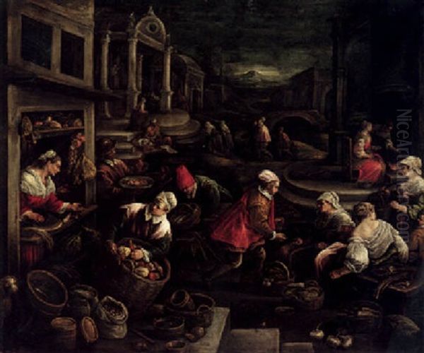 A Vegetable Market With A Church Beyond Oil Painting by Leandro da Ponte Bassano