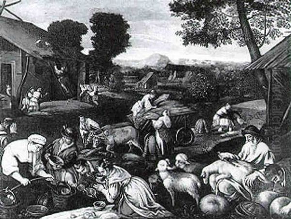 Peasants Shearing Sheep And Making Cider: Allegory Of Summer And Autumn Oil Painting by Leandro Bassano