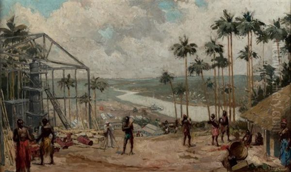 Constructions Pres Du Fleuve Congo Oil Painting by Alfred Bastien