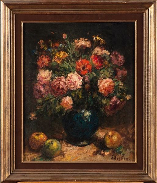 Nature Morte Aux Fleurs Et Aux Fruits (recto) & Chevaux Cabres (verso) Oil Painting by Alfred Bastien