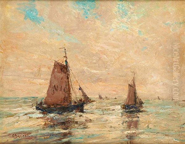 Bateaux De Peche Au Large De Nieuport Oil Painting by Alfred Bastien