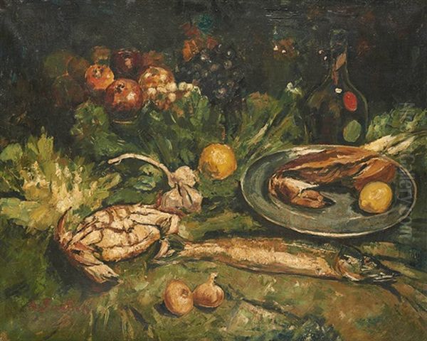 Nature Morte Aux Crustaces Et A La Bouteille De Vin Oil Painting by Alfred Bastien