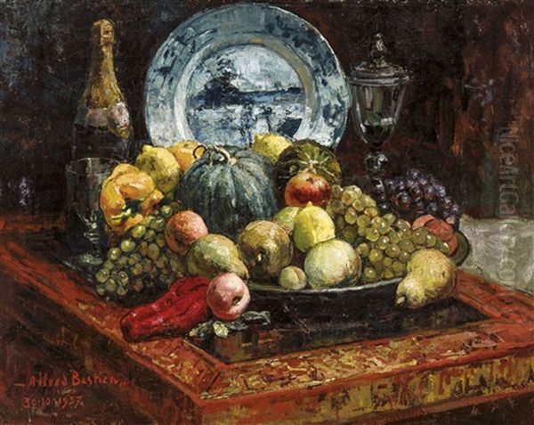 Nature Morte Aux Fruits Et Bouteille De Champagne Oil Painting by Alfred Bastien