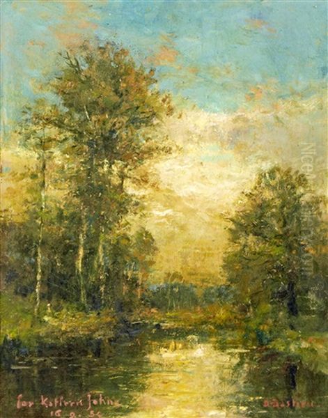 Wooded River Landscape (+ Wooded Lake Scene At Sunset; 2 Works) Oil Painting by Alfred Bastien