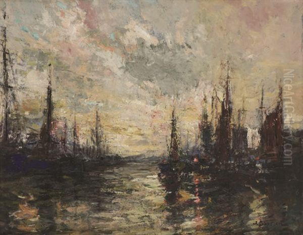 Vue D'un Port Au Coucher De Soleil Oil Painting by Alfred Bastien