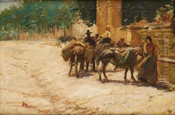 Rue Animee A Burgos Oil Painting by Alfred Bastien