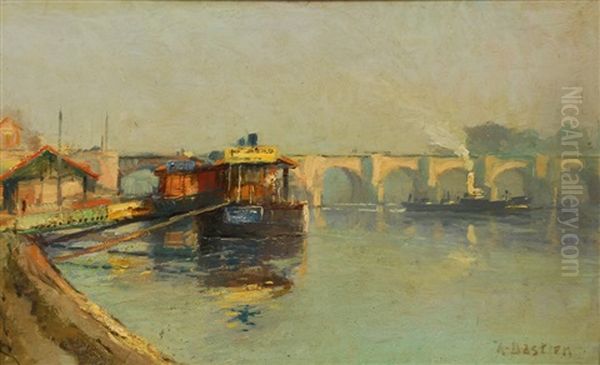 Peniches Sur Le Canal Oil Painting by Alfred Bastien