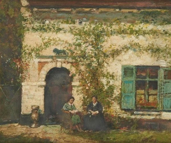 Conversation Devant La Maison Oil Painting by Alfred Bastien