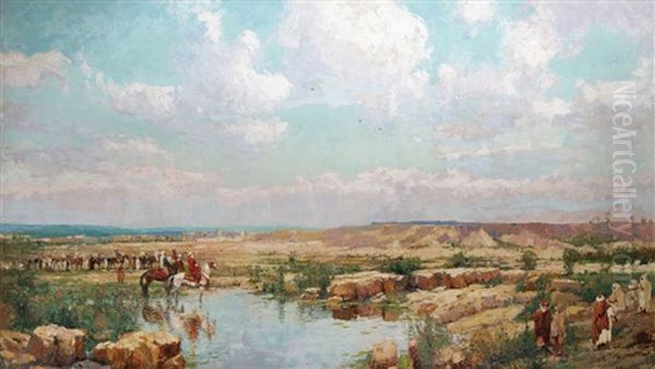Paysage Oriental Accidente Anime De Berberes Et Caravane Devant Une Ville Oil Painting by Alfred Bastien