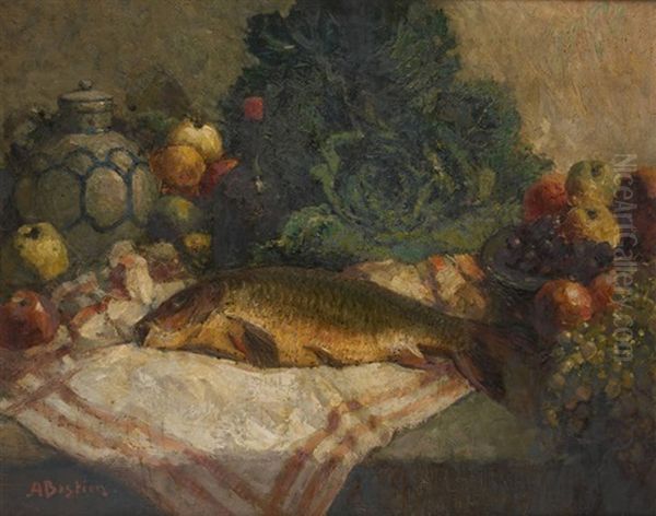 Nature Morte Aux Poisson, Fruits Et Legumes Oil Painting by Alfred Bastien