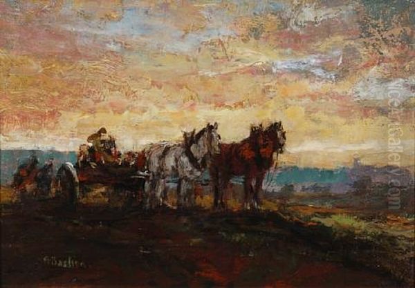 Horses And Cart On A Country Road At Sunset Oil Painting by Alfred Bastien