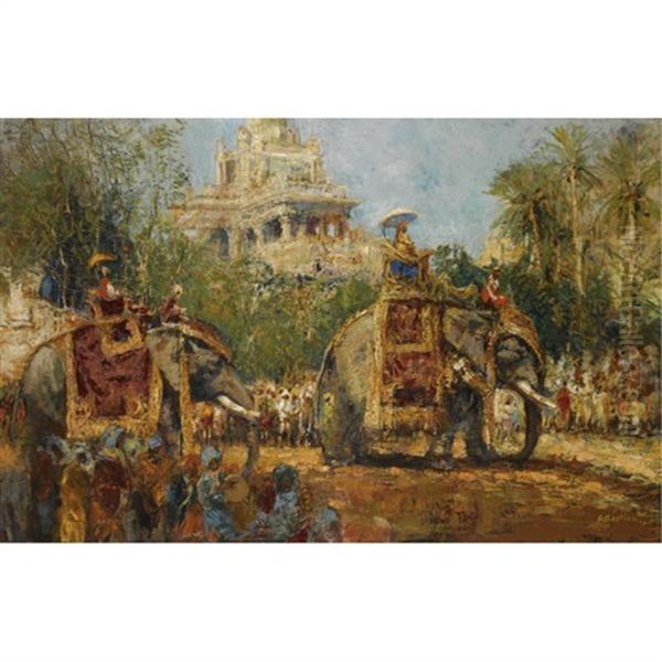 Le Maharaja Et Ses Elephants A La Procession Du Festival De Dussehra A Mysore Oil Painting by Alfred Bastien