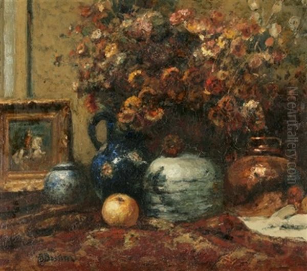 Vases De Fleurs Et Pommes Sur Une Table Oil Painting by Alfred Bastien