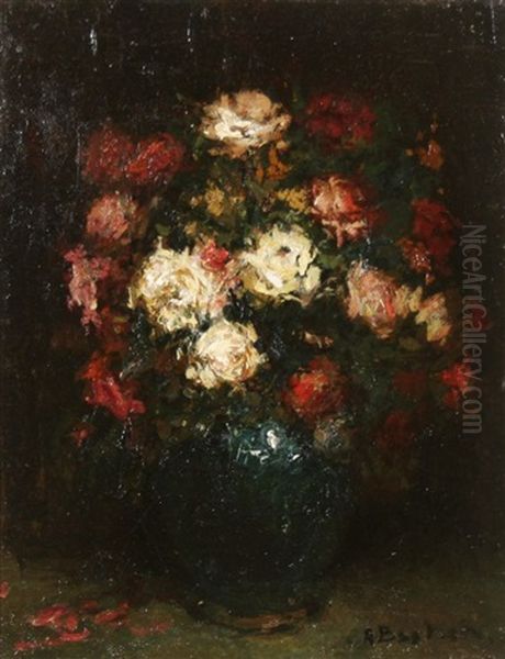 Bouquet Of Flowers In A Green Vase Oil Painting by Alfred Bastien