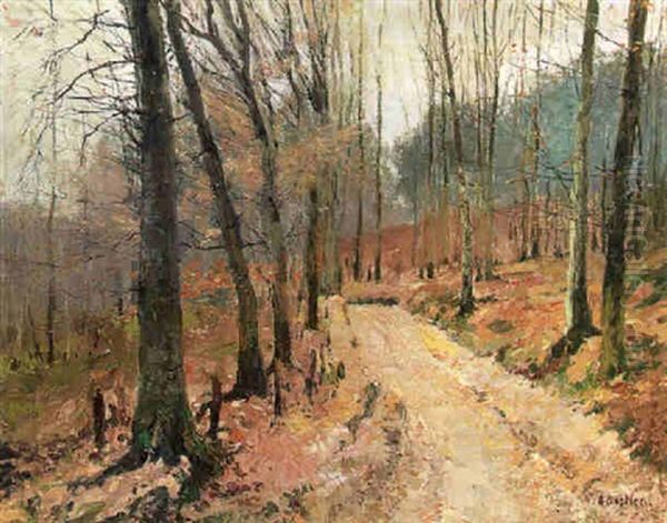 Wooded Winter Landscape With A Deserted Road Running Through Oil Painting by Alfred Bastien