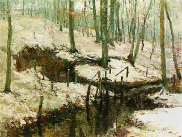 Snowcovered Glade With A Small Stream Oil Painting by Alfred Bastien