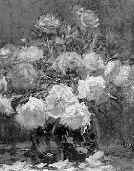 Roze Rozen In Vaas Oil Painting by Alfred Bastien