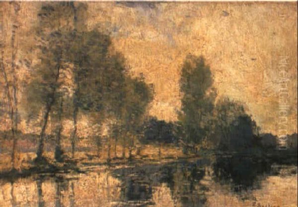 A Wooded River Landscape Oil Painting by Alfred Bastien