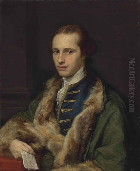 Portrait Of The Rev. Thomas Kerrich (1748-1828), In An Embroidered Blue Waistcoat And Fur-lined Green Coat, Holding A Letter In His Right Hand... Oil Painting by Pompeo Gerolamo Batoni