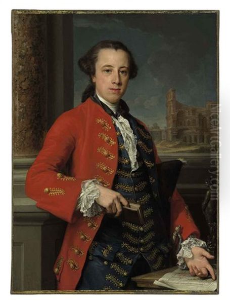 Portrait Of A Gentleman In A Red Coat And A Blue Waistcoat With Gold Embroidery, Holding A Book And A Tricorn Hat, With A Bronze Statuette... Oil Painting by Pompeo Girolamo Batoni