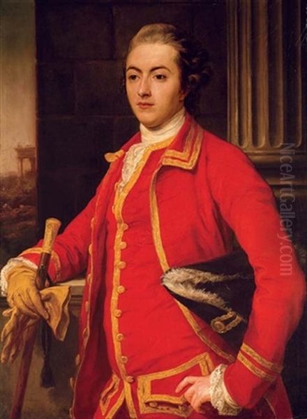 Portrait Of A Gentleman (john Sadler ?), In A Red Coat, Holding A Cane And Glove In His Right Hand, A Tricorn Hat Under His Left Arm, A Landscape Beyond Oil Painting by Pompeo Gerolamo Batoni